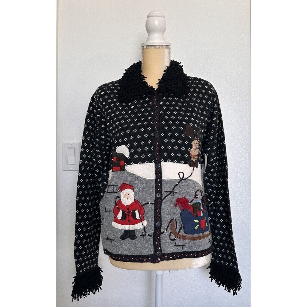 Karen Scott Women’s Sweater Sz Small Christmas Santa Frilly Sleeves/Collar Black